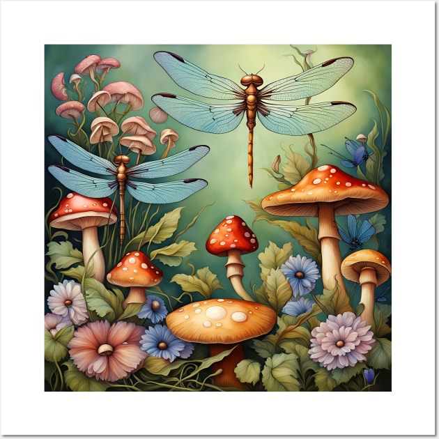 Mystical Garden IV Dragonflies Flowers and Mushrooms Wall Art by LittleBean